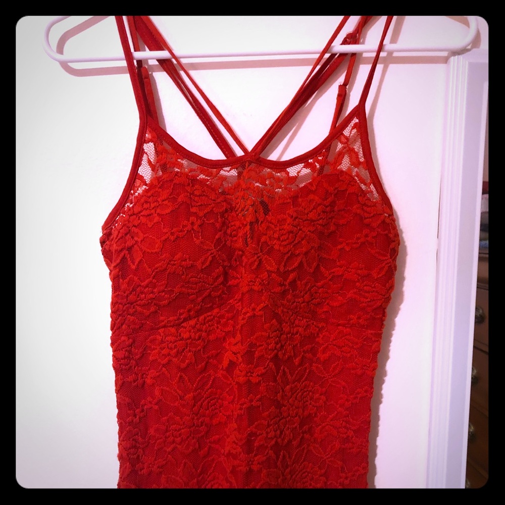 Strappy flower red tank (built in bra)